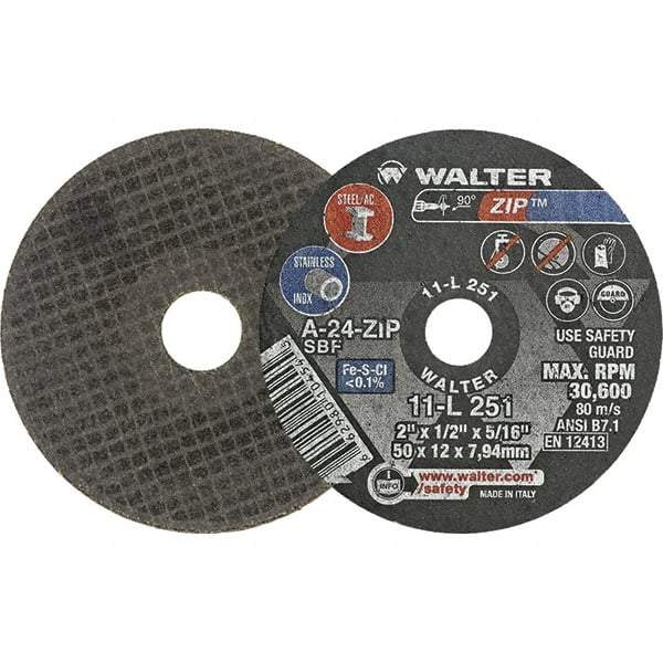 WALTER Surface Technologies - 2" 24 Grit Aluminum Oxide Cutoff Wheel - 1/2" Thick, 5/16" Arbor, 31,000 Max RPM, Use with Die Grinders - Eagle Tool & Supply