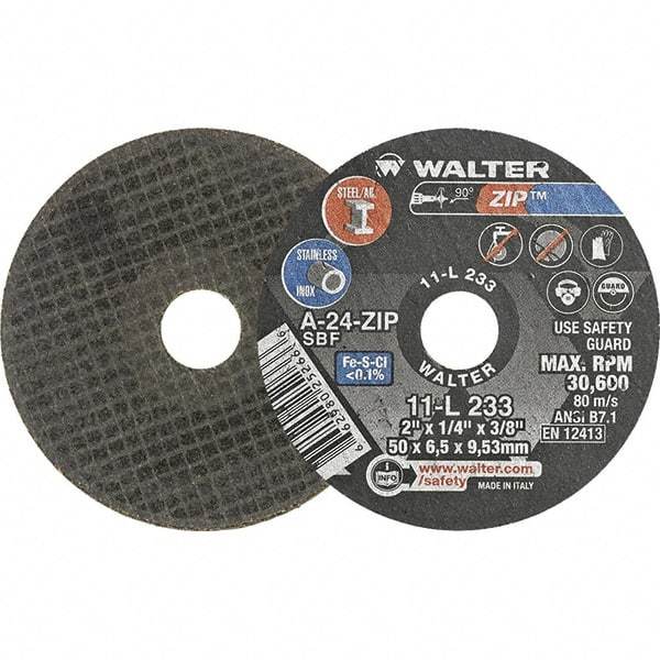 WALTER Surface Technologies - 2" 24 Grit Aluminum Oxide Cutoff Wheel - 1/4" Thick, 3/8" Arbor, 31,000 Max RPM, Use with Die Grinders - Eagle Tool & Supply