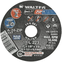 WALTER Surface Technologies - 2" 24 Grit Aluminum Oxide Cutoff Wheel - 1/8" Thick, 3/8" Arbor, 31,000 Max RPM, Use with Die Grinders - Eagle Tool & Supply