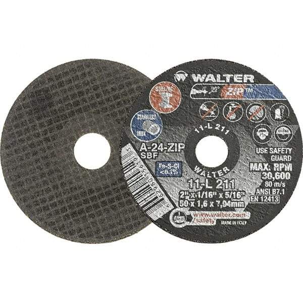 WALTER Surface Technologies - 2" 24 Grit Aluminum Oxide Cutoff Wheel - 1/16" Thick, 5/16" Arbor, 31,000 Max RPM, Use with Die Grinders - Eagle Tool & Supply