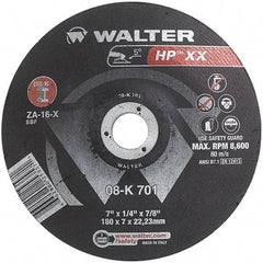 WALTER Surface Technologies - 16 Grit, 7" Wheel Diam, 1/4" Wheel Thickness, 7/8" Arbor Hole, Type 28 Depressed Center Wheel - Aluminum Oxide, Resinoid Bond, 8,600 Max RPM - Eagle Tool & Supply