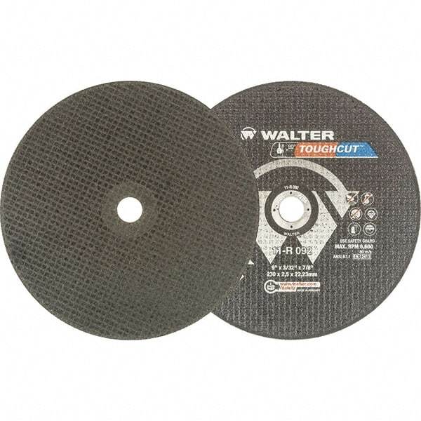 WALTER Surface Technologies - 9" 30 Grit Aluminum Oxide Cutoff Wheel - 3/32" Thick, 7/8" Arbor, 6,600 Max RPM, Use with Angle Grinders - Eagle Tool & Supply