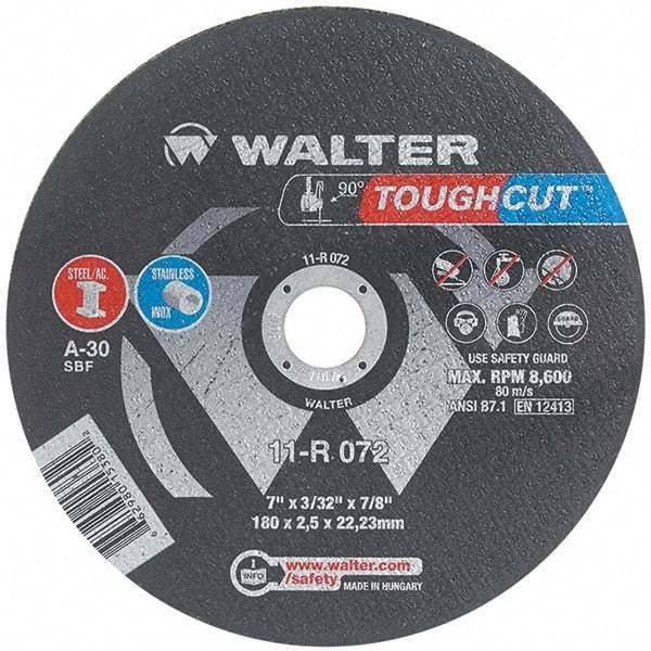 WALTER Surface Technologies - 7" 30 Grit Aluminum Oxide Cutoff Wheel - 3/32" Thick, 7/8" Arbor, 8,600 Max RPM, Use with Angle Grinders - Eagle Tool & Supply