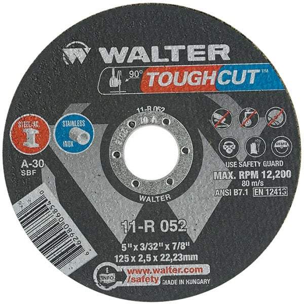 WALTER Surface Technologies - 5" 30 Grit Aluminum Oxide Cutoff Wheel - 3/32" Thick, 7/8" Arbor, 12,200 Max RPM, Use with Angle Grinders - Eagle Tool & Supply