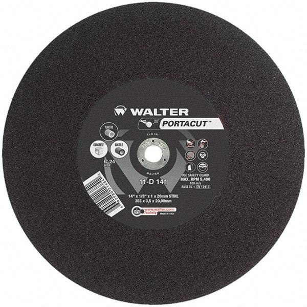 WALTER Surface Technologies - 14" 24 Grit Aluminum Oxide Cutoff Wheel - 1/8" Thick, 20mm Arbor, 5,400 Max RPM, Use with Electric & Gas Powered Saws - Eagle Tool & Supply