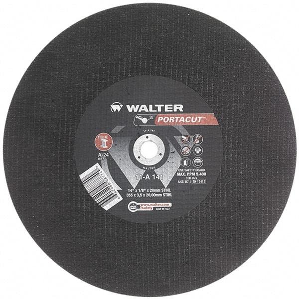 WALTER Surface Technologies - 14" 24 Grit Aluminum Oxide Cutoff Wheel - 1/8" Thick, 20mm Arbor, 5,400 Max RPM, Use with Electric & Gas Powered Saws - Eagle Tool & Supply