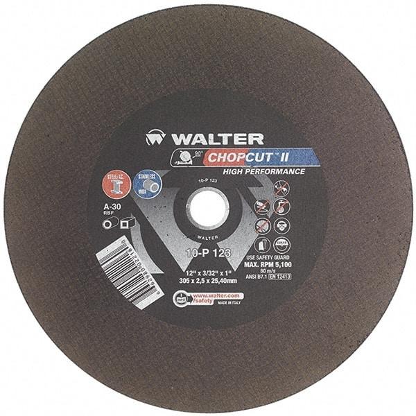 WALTER Surface Technologies - 12" 30 Grit Aluminum Oxide Cutoff Wheel - 3/32" Thick, 1" Arbor, 5,100 Max RPM, Use with Chop Saws - Eagle Tool & Supply