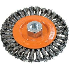 WALTER Surface Technologies - 5" OD, 5/8-11 Arbor Hole, Knotted Steel Wheel Brush - 3/8" Face Width, 0.02" Filament Diam, 15,000 RPM - Eagle Tool & Supply