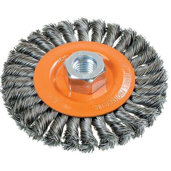 WALTER Surface Technologies - 4-1/2" OD, 5/8-11 Arbor Hole, Knotted Steel Wheel Brush - 3/8" Face Width, 0.02" Filament Diam, 15,000 RPM - Eagle Tool & Supply