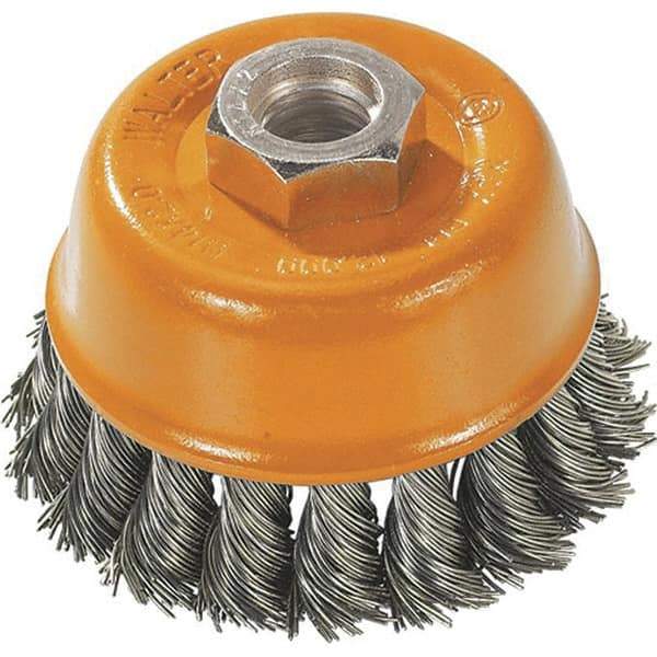 WALTER Surface Technologies - 3" Diam, 1/2-13 Threaded Arbor, Steel Fill Cup Brush - 0.015 Wire Diam, 12,000 Max RPM - Eagle Tool & Supply