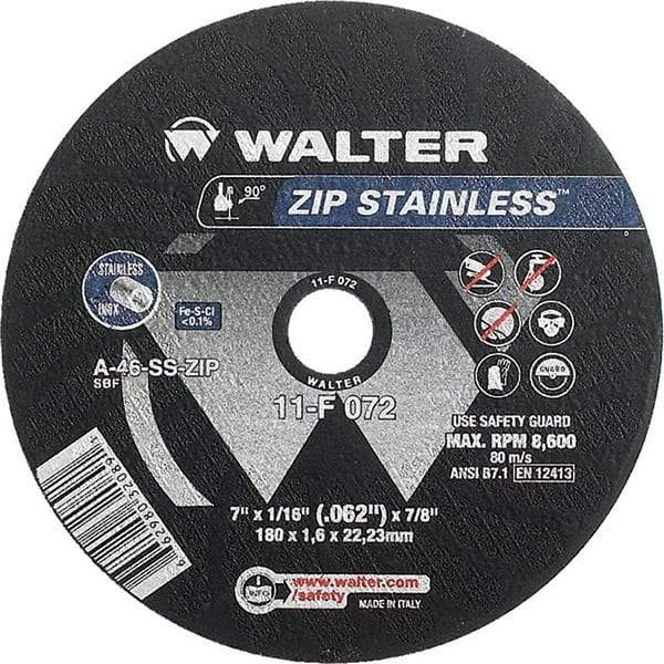 WALTER Surface Technologies - 7" 46 Grit Aluminum Oxide/Silicon Carbide Blend Cutoff Wheel - 1/16" Thick, 7/8" Arbor, 8,600 Max RPM, Use with Angle Grinders - Eagle Tool & Supply