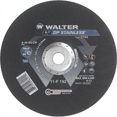 WALTER Surface Technologies - 46 Grit, 9" Wheel Diam, 5/64" Wheel Thickness, 7/8" Arbor Hole, Type 27 Depressed Center Wheel - Aluminum Oxide/Silicon Carbide Blend, Resinoid Bond, 6,600 Max RPM - Eagle Tool & Supply