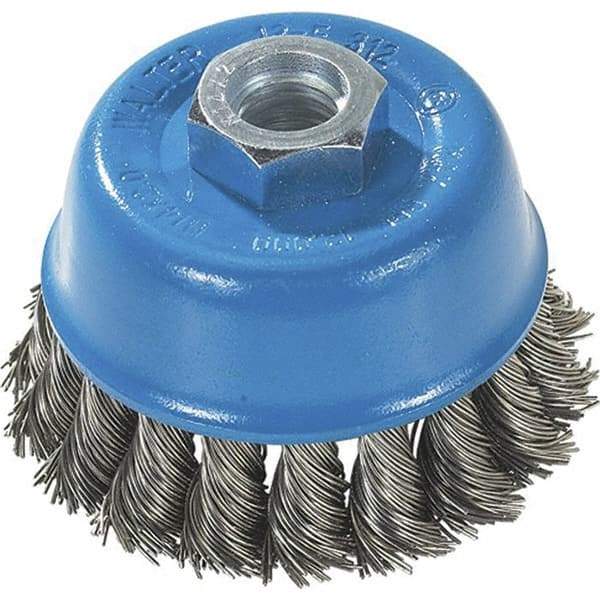 WALTER Surface Technologies - 3" Diam, M14x2.00 Threaded Arbor, Stainless Steel Fill Cup Brush - 0.015 Wire Diam, 12,000 Max RPM - Eagle Tool & Supply