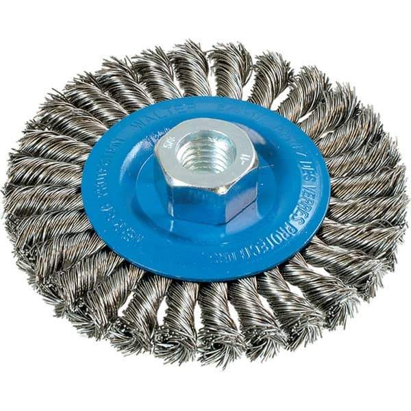 WALTER Surface Technologies - 4-1/2" OD, 5/8-11 Arbor Hole, Knotted Stainless Steel Wheel Brush - 3/8" Face Width, 0.02" Filament Diam, 15,000 RPM - Eagle Tool & Supply