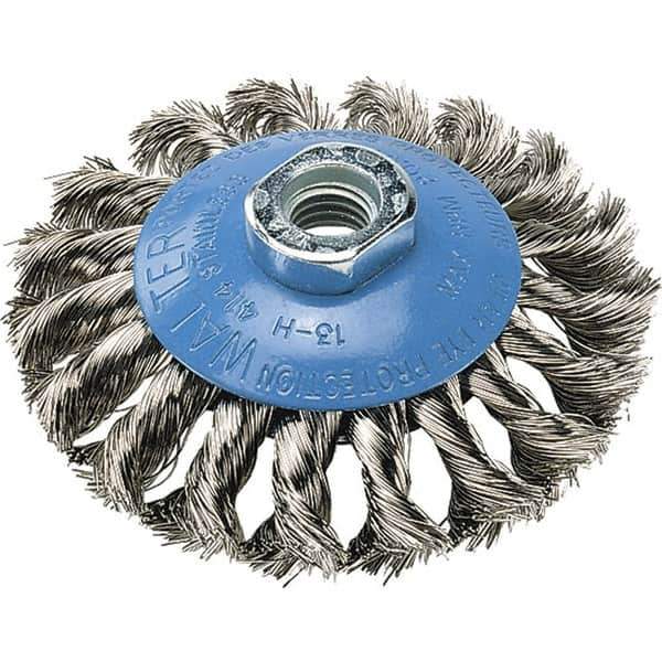 WALTER Surface Technologies - 7" Diam, 5/8-11 Threaded Arbor, Stainless Steel Fill Cup Brush - 0.02 Wire Diam, 10,000 Max RPM - Eagle Tool & Supply