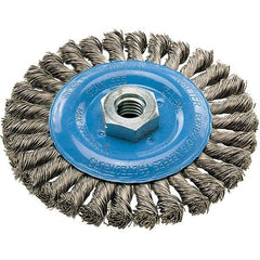 WALTER Surface Technologies - 5" OD, 5/8-11 Arbor Hole, Knotted Stainless Steel Wheel Brush - 3/8" Face Width, 0.02" Filament Diam, 15,000 RPM - Eagle Tool & Supply