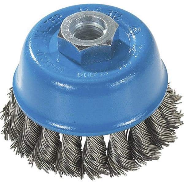 WALTER Surface Technologies - 3" Diam, M10x1.25 Threaded Arbor, Stainless Steel Fill Cup Brush - 0.015 Wire Diam, 12,000 Max RPM - Eagle Tool & Supply