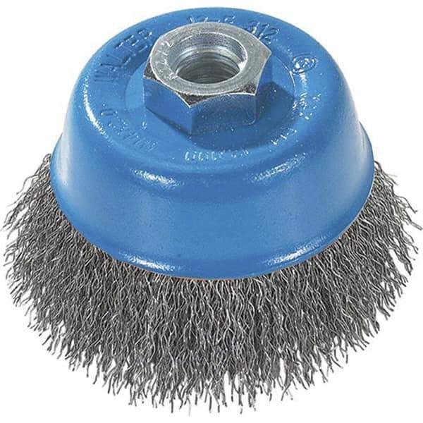 WALTER Surface Technologies - 3" Diam, M14x2.00 Threaded Arbor, Stainless Steel Fill Cup Brush - 0.0118 Wire Diam, 12,000 Max RPM - Eagle Tool & Supply