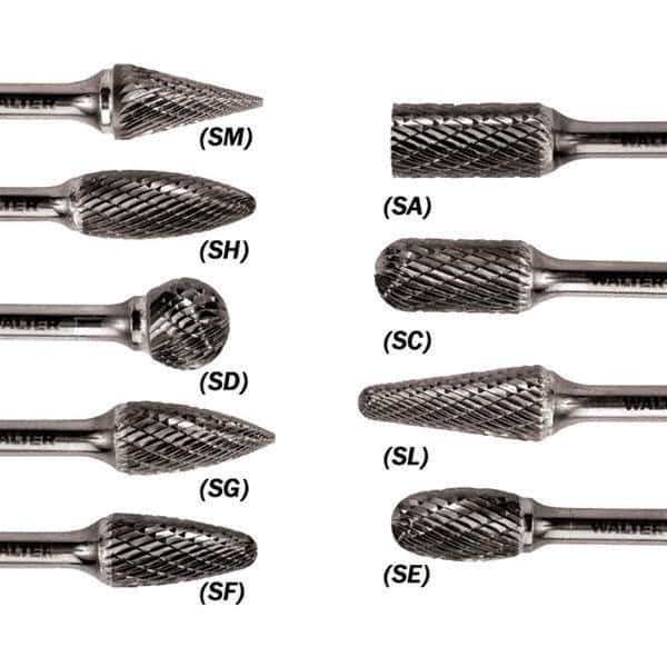 WALTER Surface Technologies - 1/2" Cut Diam, 1/4" Shank Diam, Cylinder Ball End Head Single Cut Burr - Carbide, 1" LOC - Eagle Tool & Supply