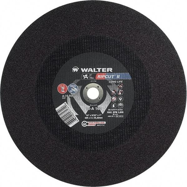 WALTER Surface Technologies - 16" 24 Grit Aluminum Oxide Cutoff Wheel - 5/32" Thick, 1" Arbor, 3,800 Max RPM, Use with Stationary Tools - Eagle Tool & Supply