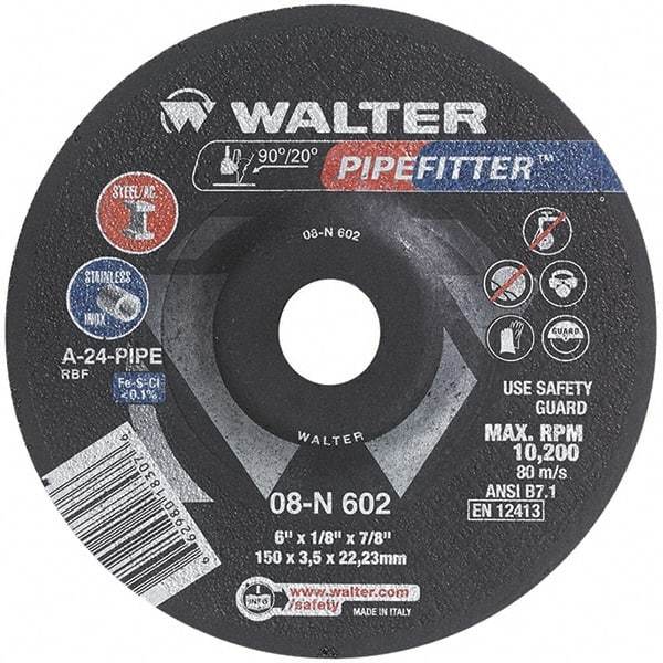 WALTER Surface Technologies - 24 Grit, 6" Wheel Diam, 1/8" Wheel Thickness, 7/8" Arbor Hole, Type 27 Depressed Center Wheel - Aluminum Oxide/Silicon Carbide Blend, Resinoid Bond, 10,200 Max RPM, Compatible with Angle Grinder - Eagle Tool & Supply