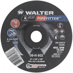 WALTER Surface Technologies - 24 Grit, 6" Wheel Diam, 1/8" Wheel Thickness, 7/8" Arbor Hole, Type 27 Depressed Center Wheel - Aluminum Oxide/Silicon Carbide Blend, Resinoid Bond, 10,200 Max RPM, Compatible with Angle Grinder - Eagle Tool & Supply