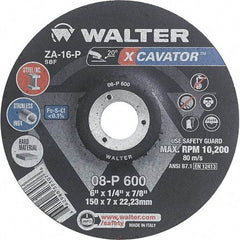 WALTER Surface Technologies - 16 Grit, 6" Wheel Diam, 1/4" Wheel Thickness, 7/8" Arbor Hole, Type 27 Depressed Center Wheel - Aluminum Oxide, Resinoid Bond, 10,200 Max RPM - Eagle Tool & Supply