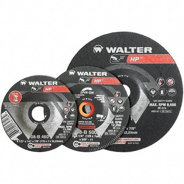 WALTER Surface Technologies - 24 Grit, 5" Wheel Diam, 1/4" Wheel Thickness, Type 27 Depressed Center Wheel - Aluminum Oxide, Resinoid Bond, 12,200 Max RPM - Eagle Tool & Supply