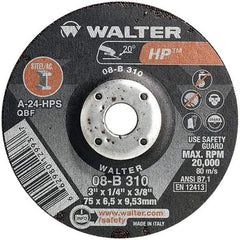 WALTER Surface Technologies - 24 Grit, 3" Wheel Diam, 1/4" Wheel Thickness, 3/8" Arbor Hole, Type 27 Depressed Center Wheel - Aluminum Oxide, Resinoid Bond, 20,000 Max RPM - Eagle Tool & Supply