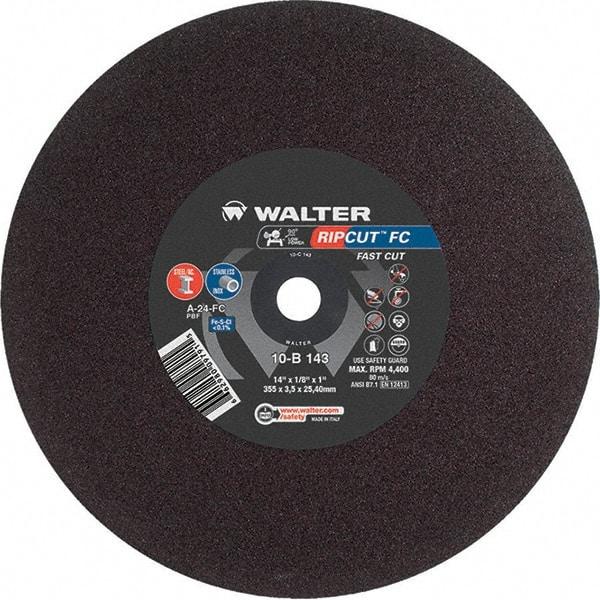 WALTER Surface Technologies - 14" 24 Grit Aluminum Oxide Cutoff Wheel - 1/8" Thick, 1" Arbor, 4,400 Max RPM, Use with Stationary Tools - Eagle Tool & Supply