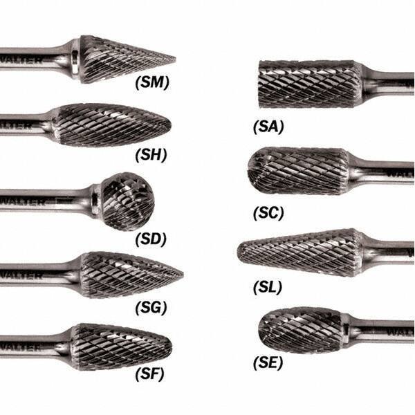 WALTER Surface Technologies - 1/2" Cut Diam, 1/4" Shank Diam, Taper Head Double Cut Burr - Carbide, 1" LOC - Eagle Tool & Supply