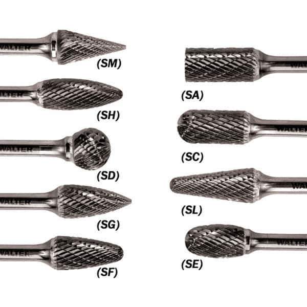 WALTER Surface Technologies - 5/16" Cut Diam, 1/4" Shank Diam, Flame Head Double Cut Burr - Carbide, 3/4" LOC - Eagle Tool & Supply