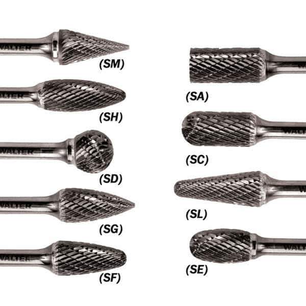 WALTER Surface Technologies - 1/2" Cut Diam, 1/4" Shank Diam, Ball Head Double Cut Burr - Carbide, 7/16" LOC - Eagle Tool & Supply