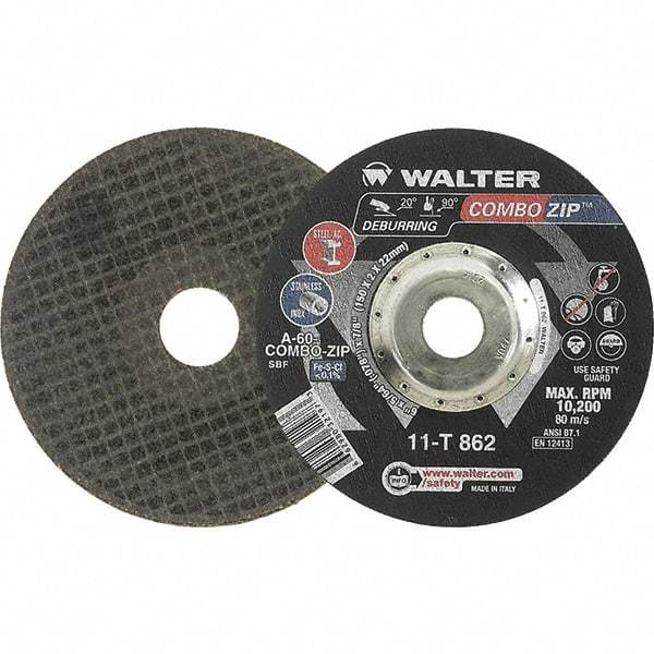 WALTER Surface Technologies - 60 Grit, 6" Wheel Diam, 5/64" Wheel Thickness, 7/8" Arbor Hole, Type 27 Depressed Center Wheel - 10,200 Max RPM - Eagle Tool & Supply