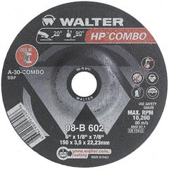 WALTER Surface Technologies - 30 Grit, 6" Wheel Diam, 1/8" Wheel Thickness, 7/8" Arbor Hole, Type 27 Depressed Center Wheel - Aluminum Oxide, Resinoid Bond, 10,200 Max RPM - Eagle Tool & Supply