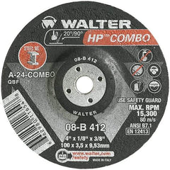 WALTER Surface Technologies - 24 Grit, 4" Wheel Diam, 1/8" Wheel Thickness, 3/8" Arbor Hole, Type 27 Depressed Center Wheel - Aluminum Oxide, Resinoid Bond, 15,000 Max RPM - Eagle Tool & Supply