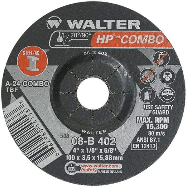 WALTER Surface Technologies - 24 Grit, 4" Wheel Diam, 1/8" Wheel Thickness, 5/8" Arbor Hole, Type 27 Depressed Center Wheel - Aluminum Oxide, Resinoid Bond, 15,000 Max RPM - Eagle Tool & Supply