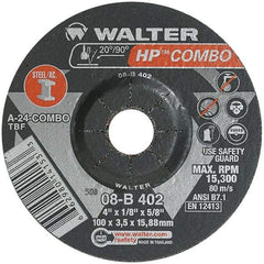 WALTER Surface Technologies - 24 Grit, 4" Wheel Diam, 1/8" Wheel Thickness, 5/8" Arbor Hole, Type 27 Depressed Center Wheel - Aluminum Oxide, Resinoid Bond, 15,000 Max RPM - Eagle Tool & Supply