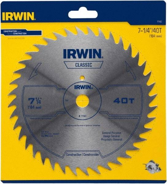 Irwin Blades - 7-1/4" Diam, 5/8" Arbor Hole Diam, 40 Tooth Wet & Dry Cut Saw Blade - High Carbon Steel, Smooth Action, Diamond Arbor - Eagle Tool & Supply