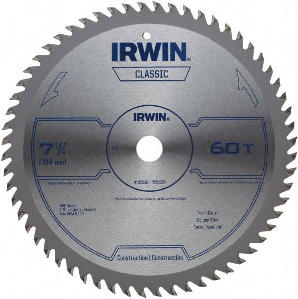 Irwin Blades - 7-1/4" Diam, 5/8" Arbor Hole Diam, 60 Tooth Wet & Dry Cut Saw Blade - Carbide-Tipped, Smooth Action, Diamond Arbor - Eagle Tool & Supply