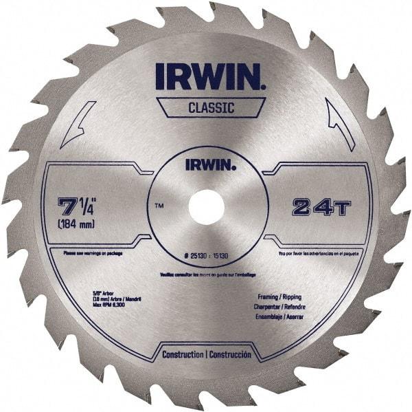 Irwin Blades - 7-1/4" Diam, 5/8" Arbor Hole Diam, 24 Tooth Wet & Dry Cut Saw Blade - Carbide-Tipped, Smooth Action, Diamond Arbor - Eagle Tool & Supply