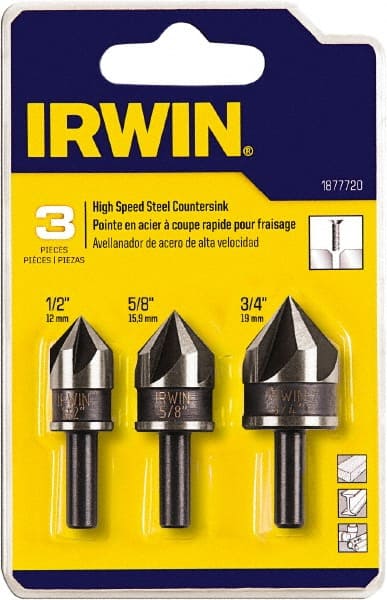Irwin - 3 Piece, 1/2 to 3/4" Head Diam, 82° Included Angle, Single End Countersink Set - Eagle Tool & Supply