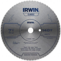 Irwin Blades - 7-1/4" Diam, 5/8" Arbor Hole Diam, 140 Tooth Wet & Dry Cut Saw Blade - High Carbon Steel, Smooth Action, Diamond Arbor - Eagle Tool & Supply