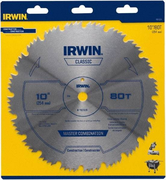 Irwin Blades - 10" Diam, 5/8" Arbor Hole Diam, 80 Tooth Wet & Dry Cut Saw Blade - High Carbon Steel, Smooth Action, Standard Round Arbor - Eagle Tool & Supply