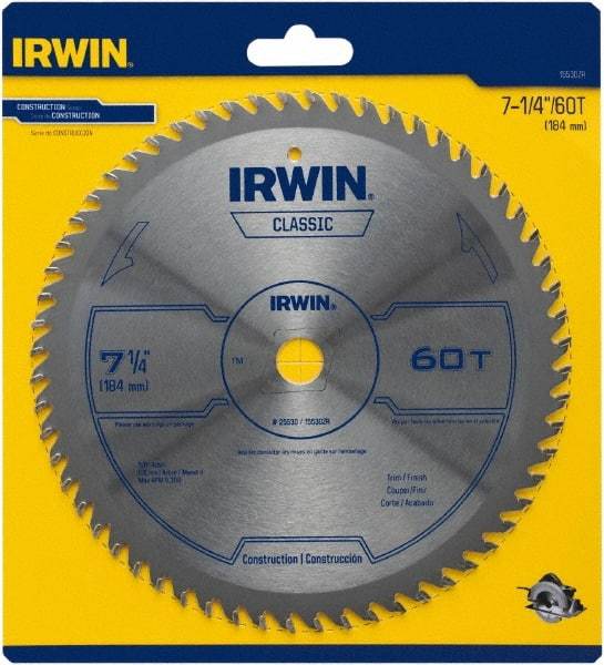 Irwin Blades - 7-1/4" Diam, 5/8" Arbor Hole Diam, 60 Tooth Wet & Dry Cut Saw Blade - Carbide-Tipped, Smooth Action, Diamond Arbor - Eagle Tool & Supply