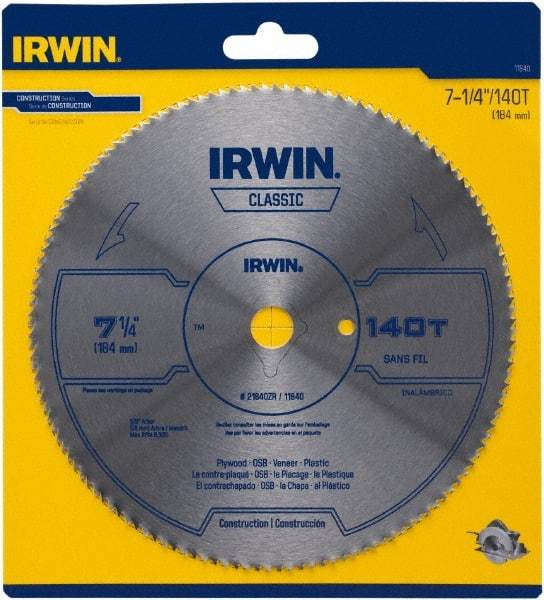 Irwin Blades - 7-1/4" Diam, 5/8" Arbor Hole Diam, 140 Tooth Wet & Dry Cut Saw Blade - High Carbon Steel, Smooth Action, Diamond Arbor - Eagle Tool & Supply