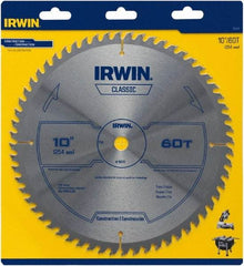 Irwin Blades - 10" Diam, 5/8" Arbor Hole Diam, 60 Tooth Wet & Dry Cut Saw Blade - Carbide-Tipped, Smooth Action, Standard Round Arbor - Eagle Tool & Supply