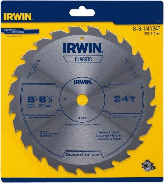 Irwin Blades - 8-1/4" Diam, 5/8" Arbor Hole Diam, 24 Tooth Wet & Dry Cut Saw Blade - Carbide-Tipped, Smooth Action, Diamond Arbor - Eagle Tool & Supply