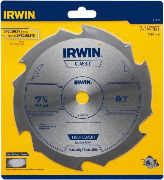 Irwin Blades - 7-1/4" Diam, 5/8" Arbor Hole Diam, 6 Tooth Wet & Dry Cut Saw Blade - Diamond-Tipped, Smooth Action, Diamond Arbor - Eagle Tool & Supply