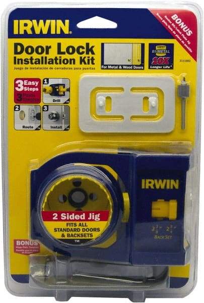 Irwin Blades - 7 Piece, 2-3/8" to 2-3/4" Saw Diam, Door-Lock Installation Hole Saw Kit - Bi-Metal, Includes 2 Hole Saws - Eagle Tool & Supply